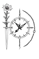 Symbol of a broken sword of a broken clock a dry flower a broken chain of the sunrise or the sun a pigeon released from the cage tattoo design idea