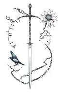 Symbol of a broken sword of a broken clock a dry flower a broken chain of the sunrise or the sun a pigeon released from the cage tattoo design idea