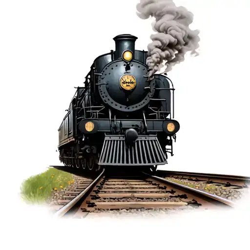 1800s black and grey locomotive on the tracks smoking  tattoo design idea