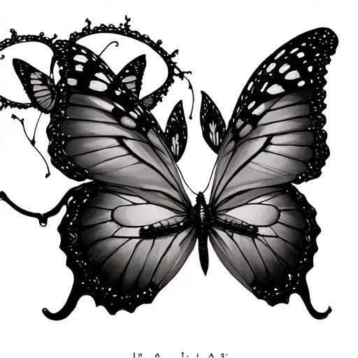butterflies, soft angelcore halos, chrome and glassy surfaces, The Nightmare Before Christmas cyber realism  tattoo design idea