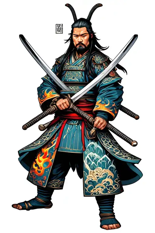 samurai warrior holding 2 swords crossed fire and ice tattoo design idea