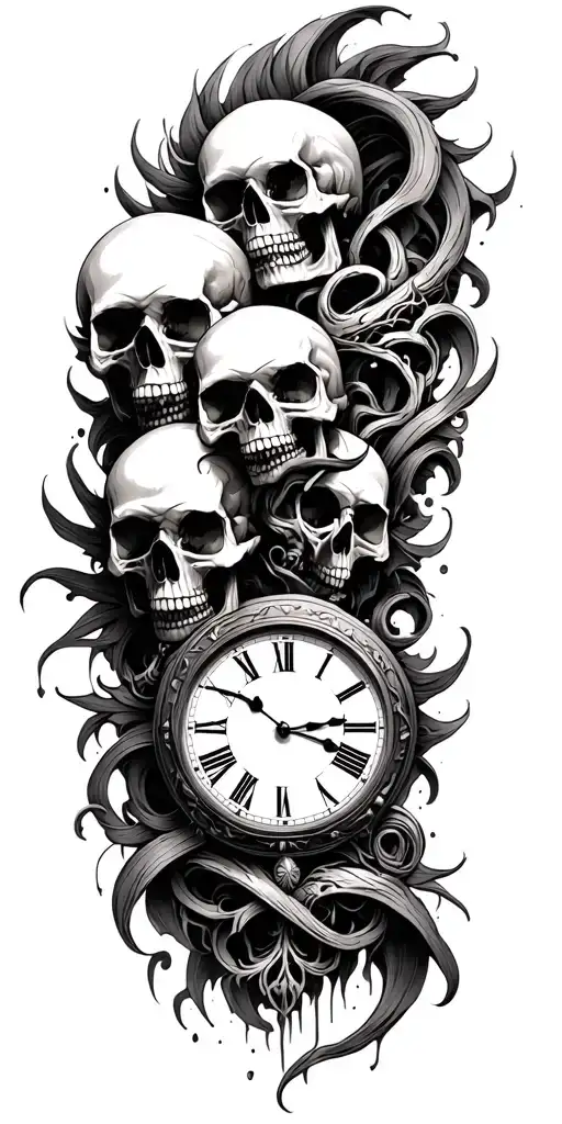 An intricate skulls design intertwined with clock. tattoo design idea