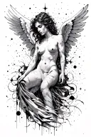 fallen angel in space thin line black and white abstract with detailed face and body tattoo design idea