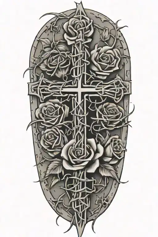 cross wrapped in barbed wire with roses with thorns tattoo design idea