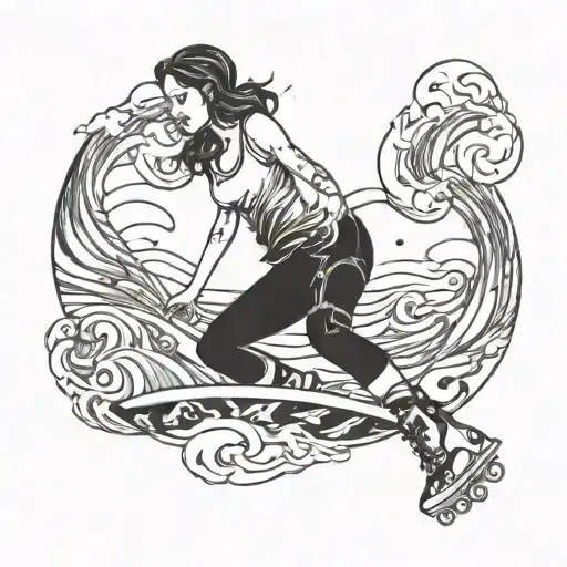 woman skating ocean surface tattoo design idea