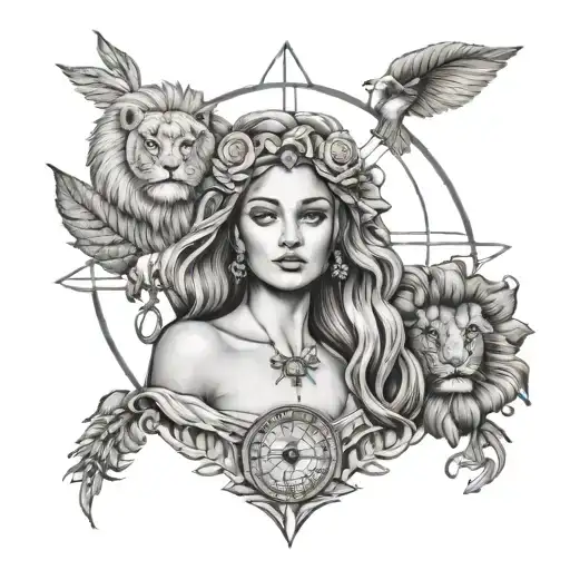 seed package compass lion lady at the well tattoo design idea