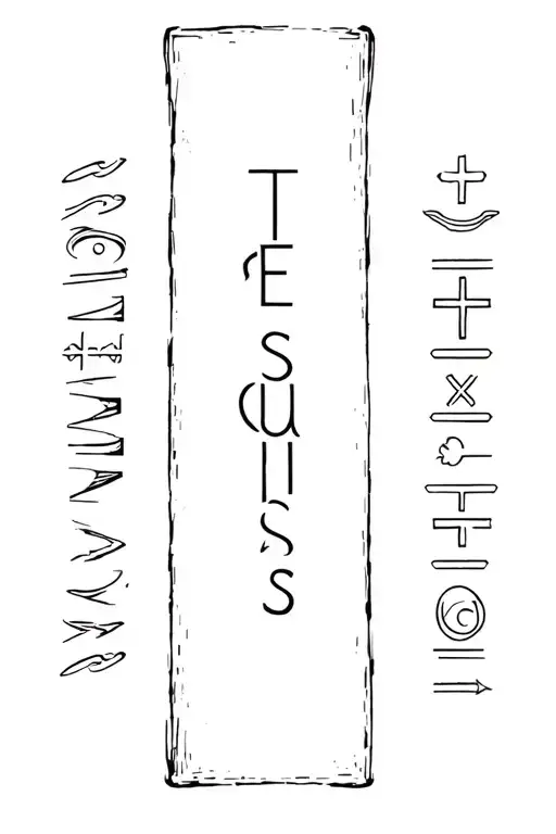 spelled out Jesus Christ vertical on back of forearm with other christian stuff behind it  tattoo design idea