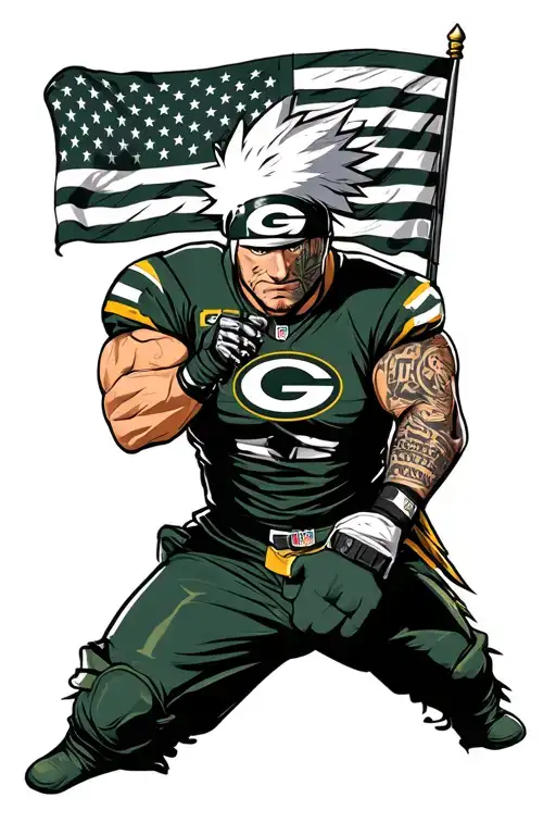 kakashi with Green Bay packers logo and American flag with Spartan warrior tattoo design idea