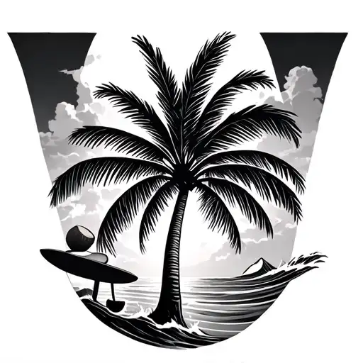 Palm Tree, Wave, Surfboard, in the shape of a "W" with Coconuts on the tree forming a "B" tattoo design idea