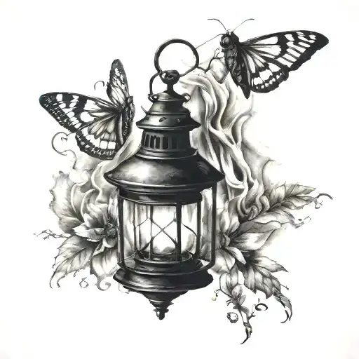 old lantern with flame and shadow of a moth emerging tattoo design idea
