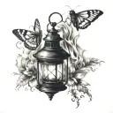 old lantern with flame and shadow of a moth emerging tattoo design idea