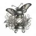 old lantern with flame and shadow of a moth emerging tattoo design idea