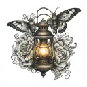 old lantern with flame and shadow of a moth emerging tattoo design idea