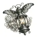 old lantern with flame and shadow of a moth emerging tattoo design idea