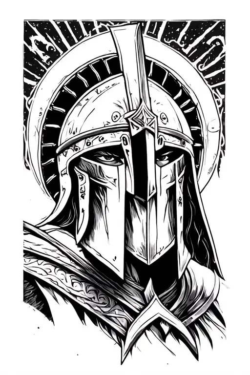 Photorealistic Spartan warrior with symbolic background representing constant growth and life struggle tattoo design idea