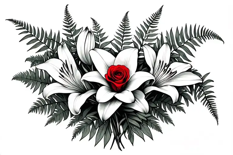 Bouquet of 10 lilies and 10 ferns with a red rose in the middle tattoo design idea