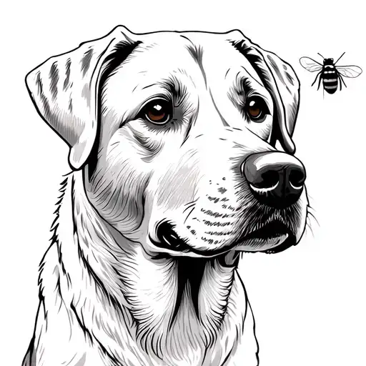 labrador with a bumble bee sitting on his nose. very simplistic fine line tattoo. black and white or barely any color tattoo design idea
