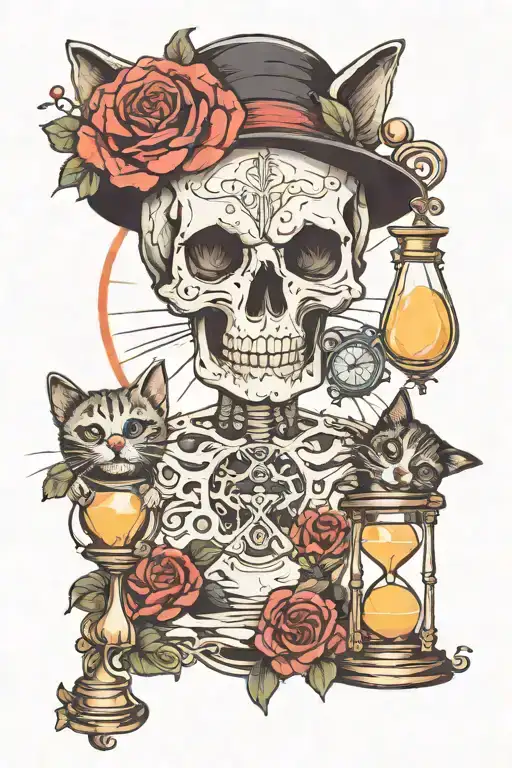 skull, cat, hourglass, death, mother, time tattoo design idea