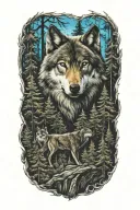 wolf blue eyes howling forest landscape tattoo design idea