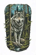 wolf blue eyes howling forest landscape tattoo design idea