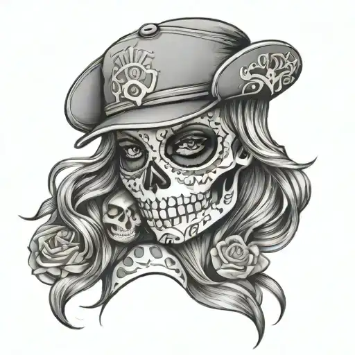Sugar Skull female wearing a ball cap tattoo design idea