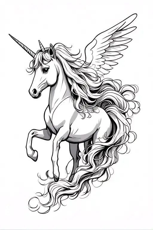 unicorn pegasus horse with wavy long hair on one side nad tail, magical, sketch like with lines over tattoo design idea