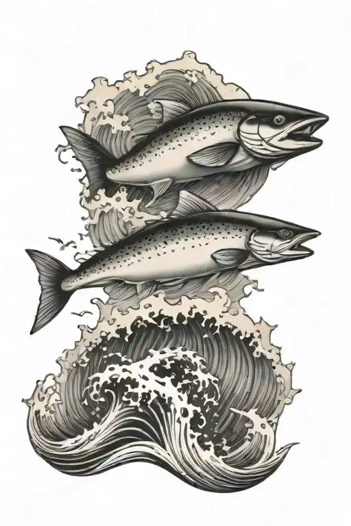 small boat on top of waves with a huge salmon underneath ocean tattoo design idea