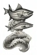 small boat on top of waves with a huge salmon underneath ocean tattoo design idea