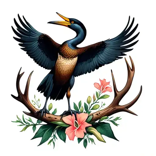 Cormorant standing on a deer antler wrapped in gladiolus flower tattoo design idea