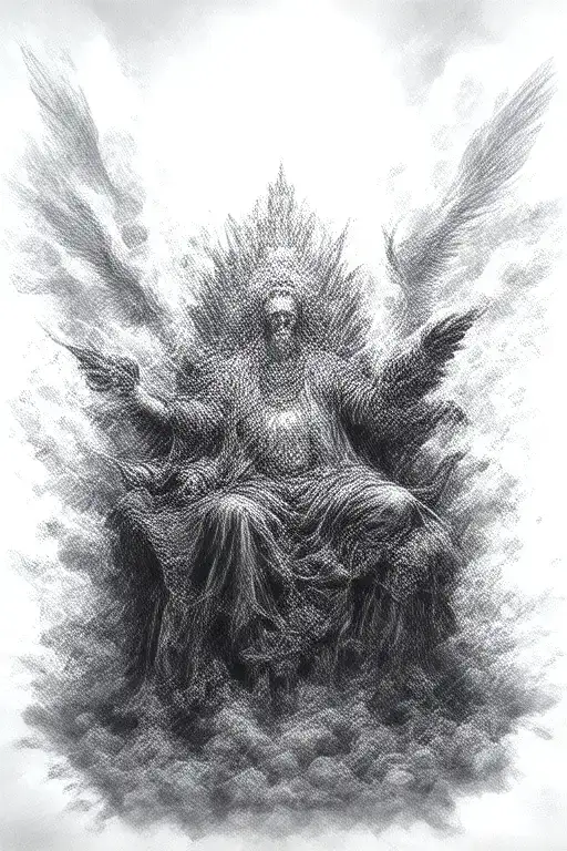 king of kings sitting on throne of cloud and fire surrounded by flying angels in black tattoo design idea