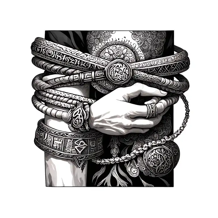 A tattoo incorporating bracelets and ancient symbols, reflecting the director's love for secret and ancient signs in a dotwork style tattoo design idea