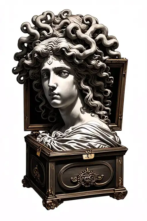 Conceptual tattoo with Pandora’s box focusing on realism and minimalism . Half sleeve size. Featuring medusa and a roman tattoo design idea