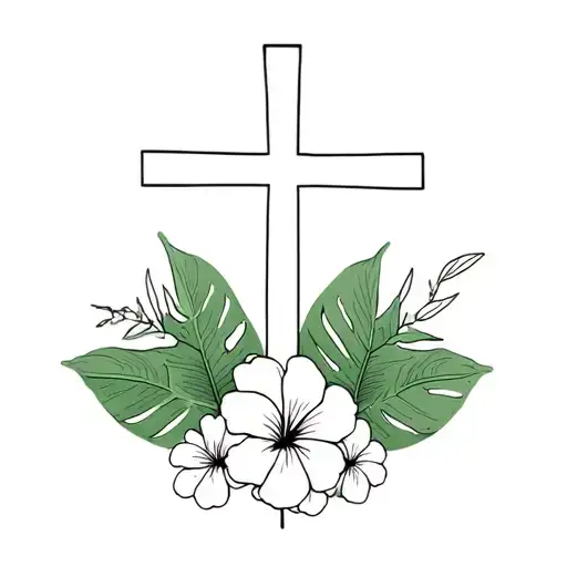 Tiny Fine line Tattoo thin cross with 3 hibiscus flowers and monstera leaves behind it tattoo design idea