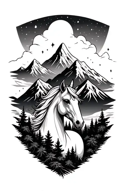create an aesthetic tattoo, simple with mountains and a unicorn, more symbloci tattoo design idea