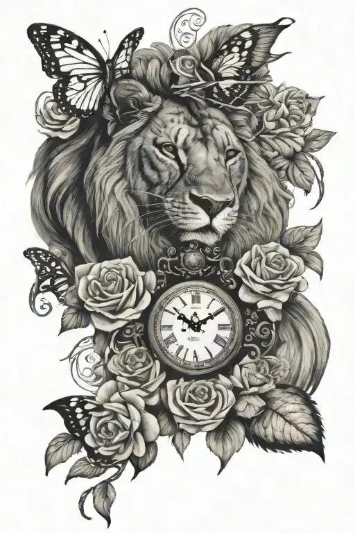 roses, butterflies, lion, clock, verse Isaiah 41:10 tattoo design idea