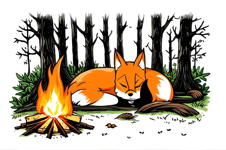 fox sleeping near a campfire in the woods tattoo design idea