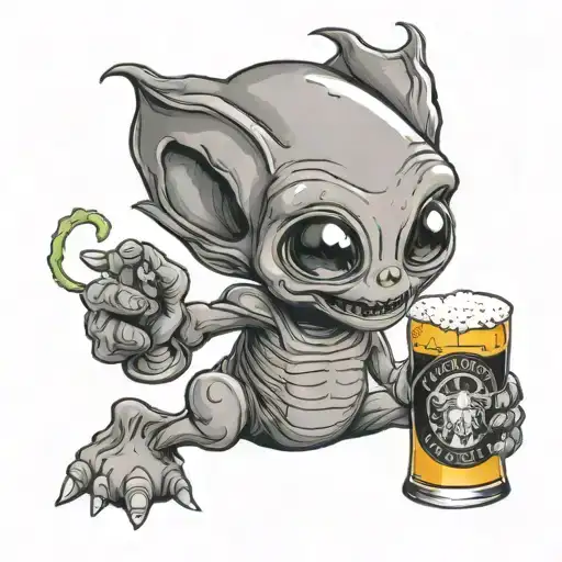 a cute little alien holding a beer in his hand and getting abducted tattoo design idea