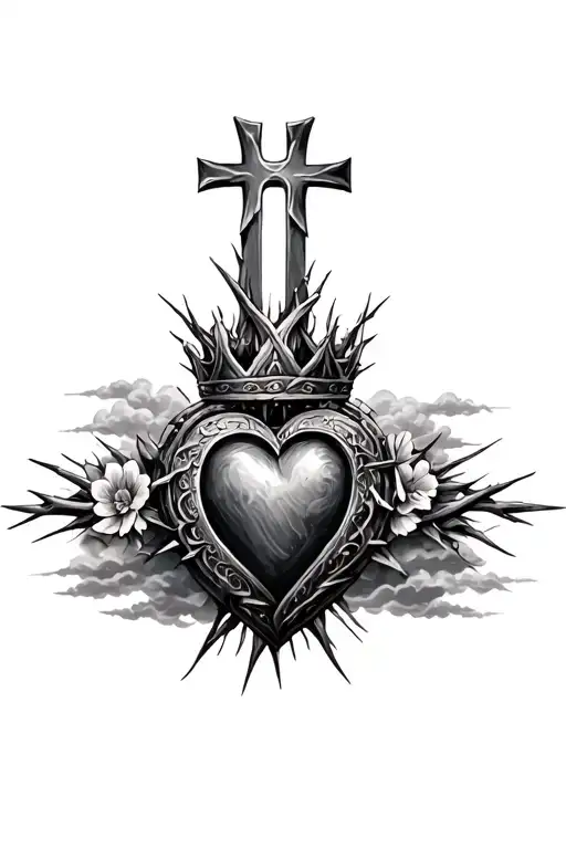heart shape, clouds, rays, floral patterns, Norse cross, crown of thorns tattoo design idea
