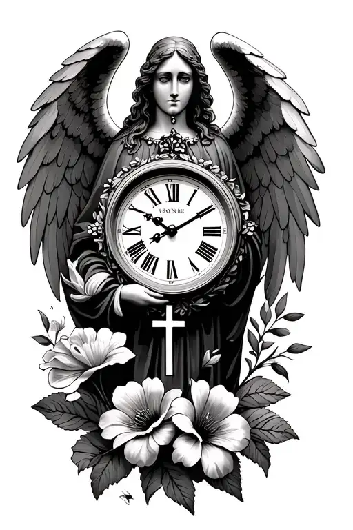 guardian angel watching over birth clock with flowers and a cross tattoo design idea