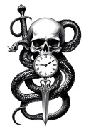 Skull clock serpent dagger tattoo design idea