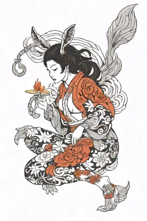 fire rabbit with virgo nude woman tattoo design idea