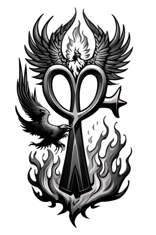 Make me a ankh on fire and a phoenix emerging from its flames and flying away tattoo design idea