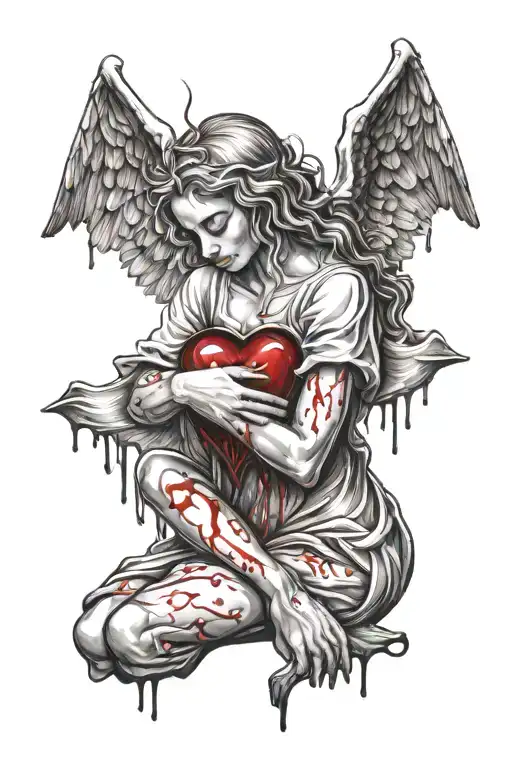 angel crying blood tears holding a heart tattoo design idea