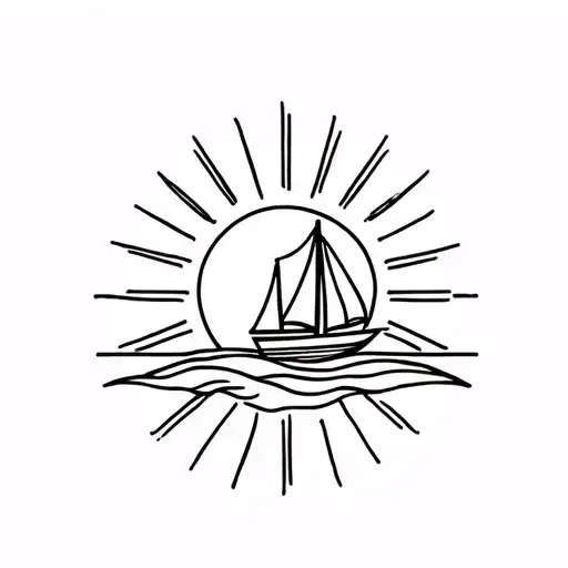 bright sun with rays and a sailing boat tattoo design idea
