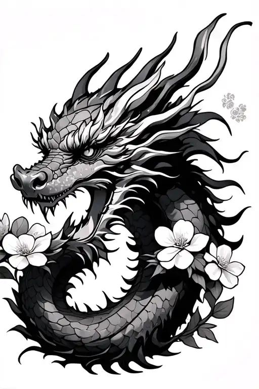 Japanese dragon that is bruised up and beaten with Cherry blossom flowers around 4x4 tattoo design idea