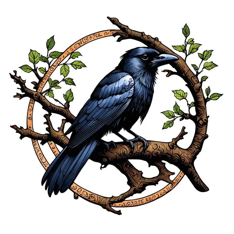 Raven sitting on a tree branch tattoo design idea