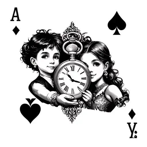 playing card with a boy and girl holding a pocket watch tattoo design idea