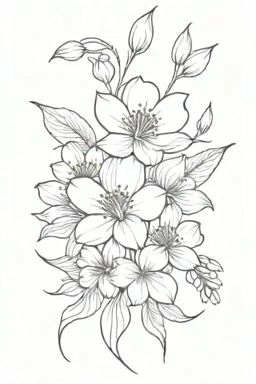 fine line tatto with waterlillys and violet flower bouquet tattoo design idea