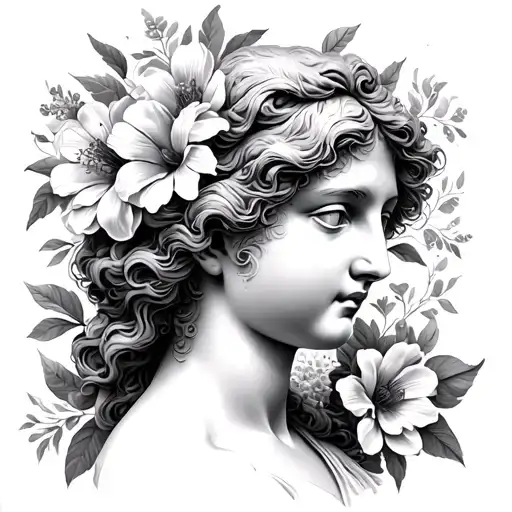 Birth of Venus de Milo with flowers black and grey portrait tattoo design idea