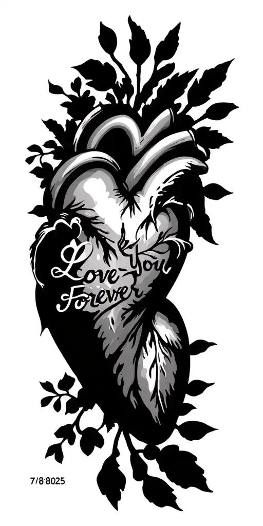 heart shape with date 7/8/2025. saying Love You Forever tattoo design idea